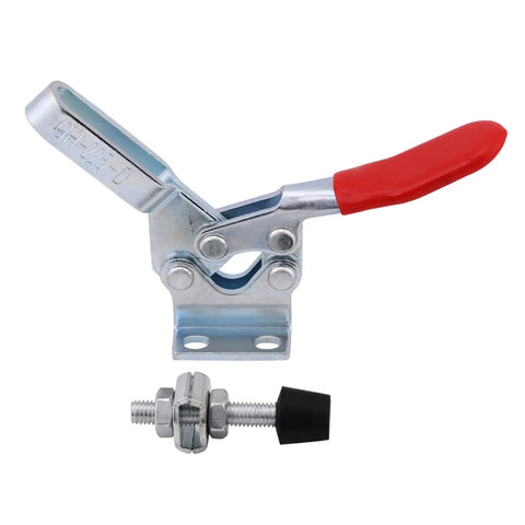 Heavy Duty Horizontal Toggle Clamps Clutch Tight Grip For Woodworking Jigs Welding Fixtures Electroplated Rustproof Steel Shop Built Assembly Hardware 5 Piece with red handle and bolt.