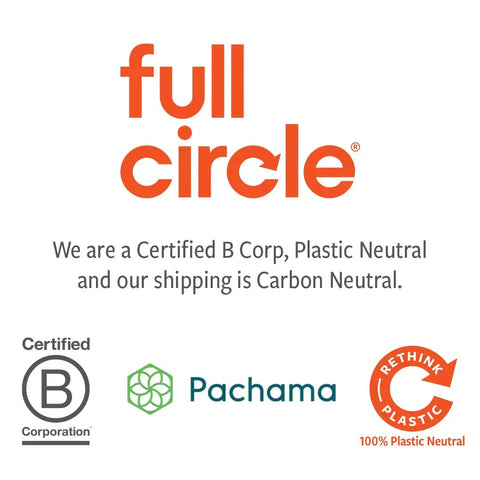 Logo of Full Circle featuring B Corp, Pachama, and 100% Plastic Neutral certification badges.