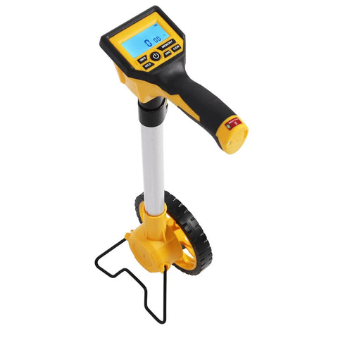 Digital Display Measuring Wheel Distance Measure With Backlit Multifunction in yellow and black, featuring a digital screen and functional buttons.