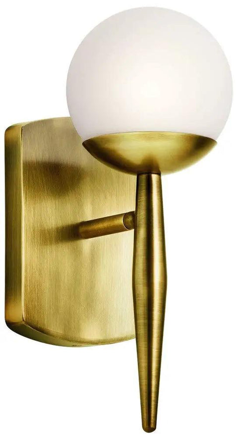 11.5 Inch 1 Light Halogen Wall Sconce With Satin Etched Cased Opal Glass And Natural Brass Finish For Vanity Or Powder Room Mid Century Vibe Bathroom Lighting With Soft Glow And Subtle Shine, side view