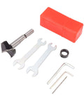 35mm hinge boring jig kit with aluminum alloy puncher guide; red case, two wrenches, hex keys, and bushing
