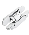 Silver hidden door hinge for secret doors with adjustable load bearing up to 180 kg, cross style for frameless doors, close-up view