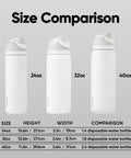 Size comparison of Top Tier Insulated Stainless Steel Water Bottle 32 Oz alongside 24oz and 40oz versions.