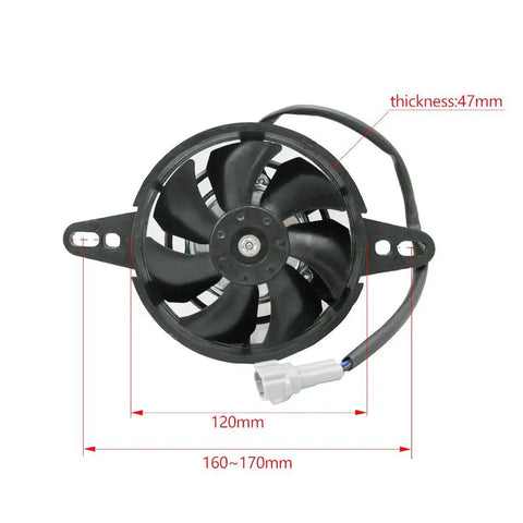 Gotta Have This Universal 4 Inch Electric Cooling Fan For Motorcycle Radiator And Oil Cooler Slaps Right On Any Dirt Bike Motocross Or ATV To Keep Her Chillin And Boost Horsepower, showing 4-inch diameter black fan with mount.