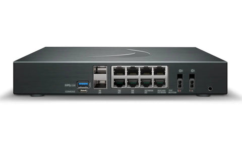 Slick Next Generation Firewall Offering Four Point Five Gbps Speed Advanced Cyber Defense Bundle Three Year Network Upgrade Kit, back view, with multiple ports.