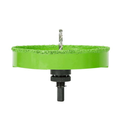 6-inch carbide hole saw with arbor, green, for drywall ceiling cuts, front view