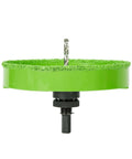 Front view of HLOFIZI 6-1/4 inch carbide hole saw with green rim and mounting arbor