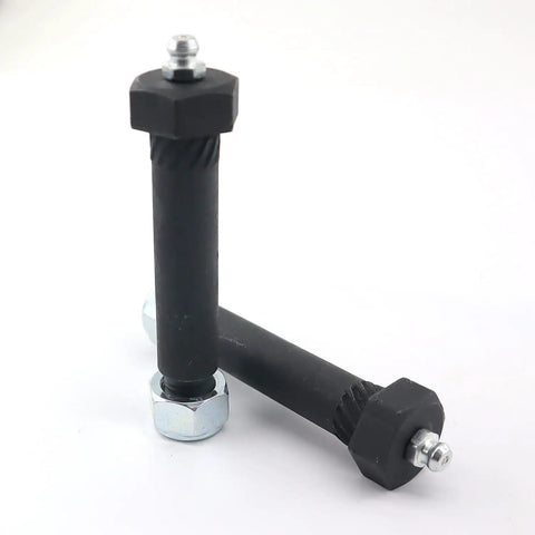 Heavy Duty Greaseable Trailer Axle Spring Shackle Bolts With Knurled Shoulders And Lock Nuts, 9 By 16 Inch X 3 Inch Fits 2K To 7K Lb Trailers, 14 Pack No Sweat Haul Setup close-up on black shackle bolts and nuts.
