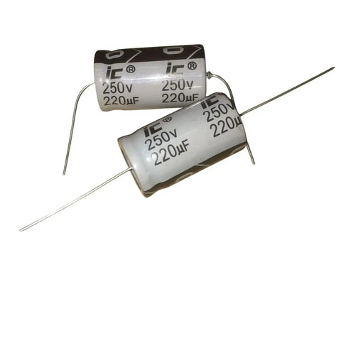 220uF 250V Axial Tantalum Capacitors 38x22mm Two Pack Top-Notch Power Components For Reliable Electronics, Precise Timing, Stable Performance, New 2025 Arrival For Hobbyists and Pros. Two axial tantalum capacitors shown with leads