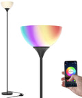 Smart RGB Floor Lamp With WiFi And App Control, 16 Million Colors, 20 Dynamic Modes, shown with app on smartphone.
