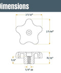 Dimensions of T Track Knob Kit Set With Five Star Knobs, 1/4-20 Threaded Bolts And Washers, top and side view with measurements.