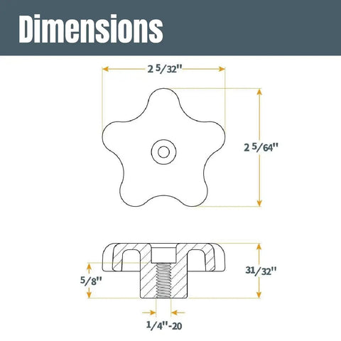 Diagram showing dimensions of a knob in the T Track Knob Kit With 1/4-20 Bolts And Washers, 46 Piece Set Of T Track Bolts And Pro Grade Accessories
