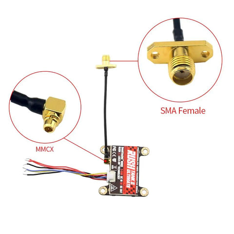 Beefy Rush Tank III 5.8G FPV Video Transmitter 30x30mm Switchable Power 25mW 200mW 500mW 800mW With Foxeer Antenna For FPV Racing Drones Red Antenna Pro showing SMA and MMCX connectors