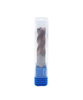 Half Inch Carbide Roughing End Mill With TiN Coating, Four Flute CNC Router Bit in packaging, visible cutting flutes, front view