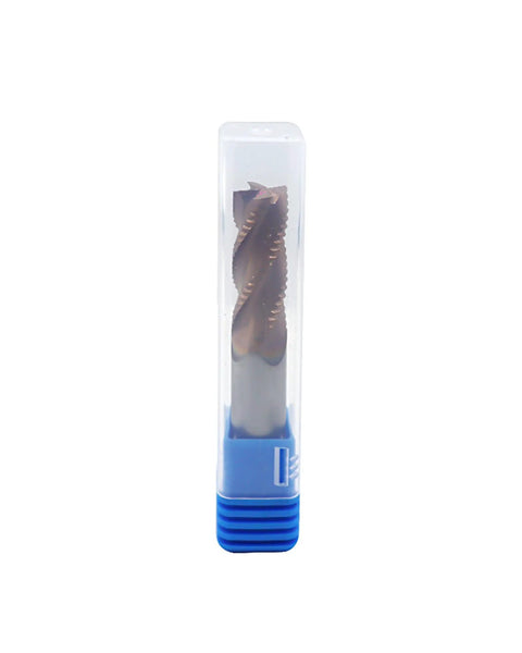 Half Inch Carbide Roughing End Mill With TiN Coating, Four Flute CNC Router Bit in packaging, visible cutting flutes, front view