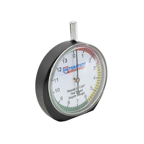 Pro Grade Dial Type Tire Tread Depth Gauge With 1/32 Inch Increments And 1/128 Inch Resolution, Maximum 14/32 Inch shown diagonally