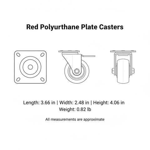 Diagram of Red Polyurethane Plate Caster With Steel Core for Warehouse Carts and Service Trolleys, showing dimensions.