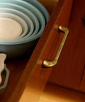 Antique Brass 6 Pack 5 Inch Center To Center Cabinet Handles Retro Drawer Pulls on wooden kitchen drawer