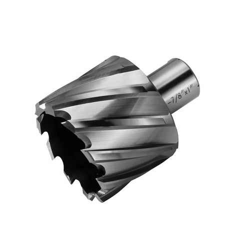 Angled view of JESTUOUS annular cutter, 1-7/8 in diameter, 3/4 in Weldon shank, steel finish
