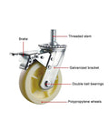 Eight Inch Swivel Casters With Double Brakes, Heavy Duty M20 Threaded Stem featuring galvanized bracket and polypropylene wheels.