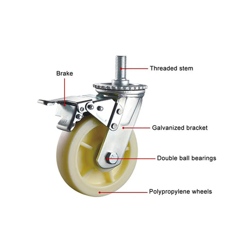 Eight Inch Swivel Casters With Double Brakes, Heavy Duty M20 Threaded Stem Carts And Furniture Wheels, detailed view of polypropylene wheel and brake.