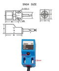 Technical diagram and image of Inductive Proximity Sensor SN04-P2 PNP NC with 4mm sensing, 6-30V DC, for automation, includes SN bracket, blue color