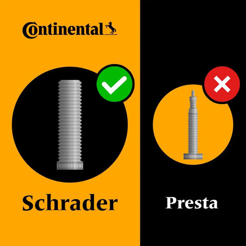 Comparison of Schrader and Presta valves with icons indicating Schrader for Tour 28 Inner Tubes 700x32-47 With 40mm Schrader Auto Valve 4 Pack