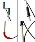 Close-up of Heavy Duty Manual Toilet Auger Six Foot Steel Drain Snake with a black grip handle and curved red tip.