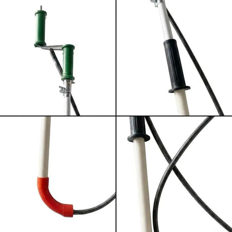 Close-up of Heavy Duty Manual Toilet Auger Six Foot Steel Drain Snake with a black grip handle and curved red tip.