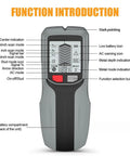 Stud Finder Wall Scanner 5 in 1-Electronic Stud Detector with LCD Display showing function introduction and controls.