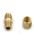 Brass fuel pressure tester adapters, pair with male and female fittings, knurled bodies, front view