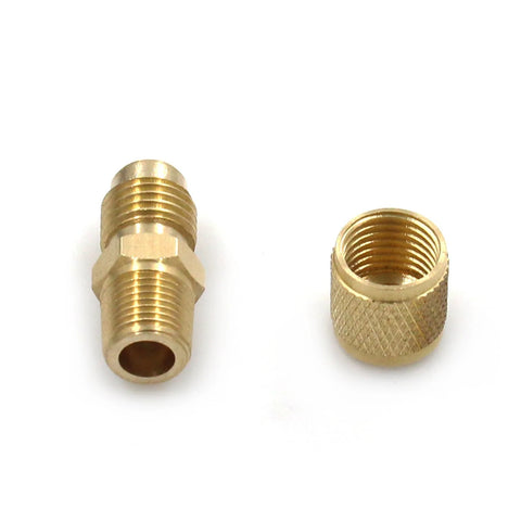 Brass fuel pressure tester adapters, pair with male and female fittings, knurled bodies, front view