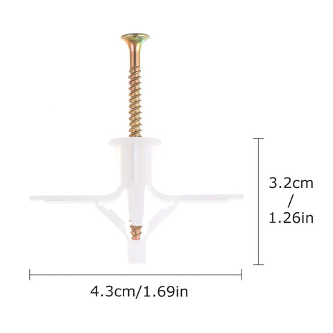 Close-up of a white plastic drywall anchor with steel screw from the 100 Piece Nylon Drywall Anchor Screw Kit With M8x38 Aircraft Type Expansion Screws For Hollow Wall Fastening Self Tapping Drywall Anchors For Home Improvement And Wall Mounts, showing dimensions 4.3cm x 3.2cm.