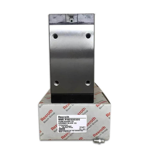 Front view of SLS Extended Ball Slider Block - Single Guide Slider Bearing Sealed linear slide unit R162332320 on packaging.
