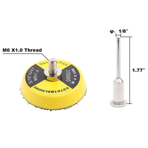 2 Inch Hook And Loop Sanding Pad With One Eighth Mandrel Adapter For Drills And Rotary Tools shown with detailed specs.