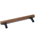 Walnut wood drawer pull with metal base, shown with black finish, durable rust-resistant hardware, 5.04 inch hole centers.