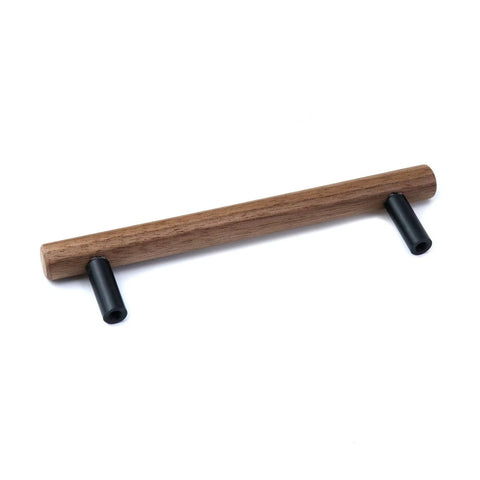 Walnut wood drawer pull with metal base, shown with black finish, durable rust-resistant hardware, 5.04 inch hole centers.