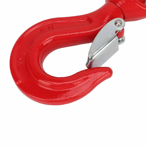 Hardcore Heavy Duty Swivel Lifting Hook Built Like A Tank At 5.3 Ton Capacity Top Tier Alloy Steel Rigging Grabber close-up view showing red finish and locking mechanism.