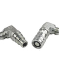 Two 90-degree connectors from the Male and Female Hydraulic Flat Face Coupler Kit for Skid Steer Loaders One Half Inch Body One and One Sixteenth Inch JIC Thread Quick Connect No Spill Coupling Set Replaces 7246795 7246781