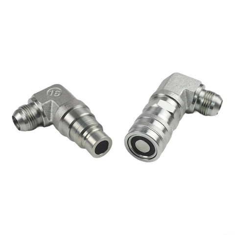 Two 90-degree connectors from the Male and Female Hydraulic Flat Face Coupler Kit for Skid Steer Loaders One Half Inch Body One and One Sixteenth Inch JIC Thread Quick Connect No Spill Coupling Set Replaces 7246795 7246781