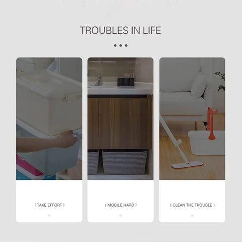 Three images depicting everyday challenges: lifting a box, organizing under a sink, and mopping a floor, labeled 'Take Effort', 'Mobile Hard', and 'Clean the Trouble.'
