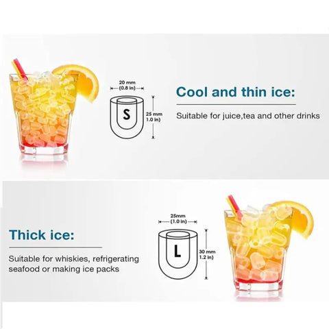Portable Countertop Ice Maker Electric Machine Whip Up Fresh Cylindrical Cubes In Minutes, showcasing cool and thick ice for drinks.