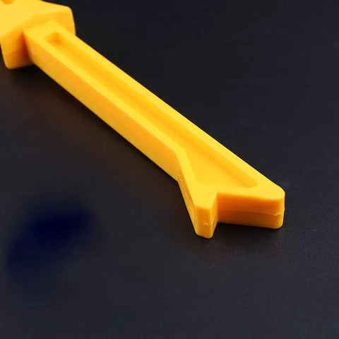 Yellow Woodworking Pusher Safety Push Stick For Carpentry, straight table push block, angled view showing grip and cutting guide
