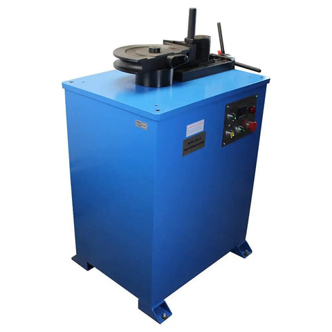 High Octane Programmable Electric Tube Bender With 2Hp Motor Hits 1680 Rpm Features PLC Control, blue machine with control panel and sturdy design.