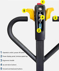Close-up of Rock Solid Electric Pallet Jack Truck control panel showing operation switch, display, and ergonomic handle.