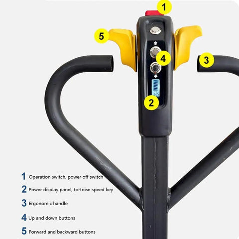 Electric Pallet Jack Truck With Full Powered Lithium Battery Motorized Lift Equipment control panel showing ergonomic handle and buttons