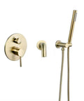 Smooth In Wall Shower Faucet With A Solid Handheld Sprayer And Single Handle Mixer Designed For Quick Home Makeovers And Zero Headache Diy Setup Right Now in gold finish, showcasing faucet and sprayer.