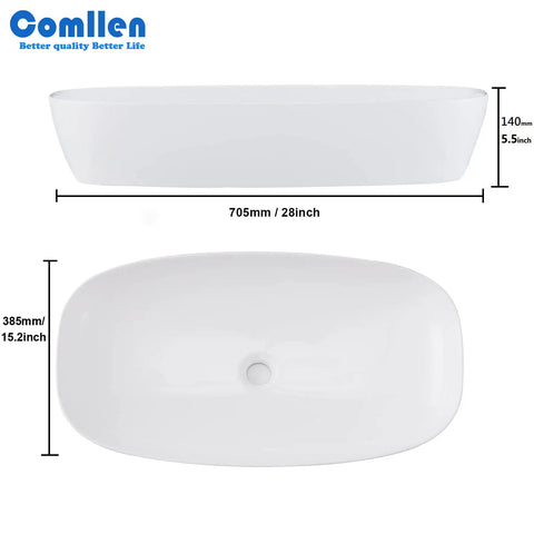 28x15 Inch Oval Porcelain Vessel Sink White Ceramic Above Counter Bathroom Basin For Vanity Cabinet Modern Sleek Oval Bowl