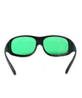 Heavy Duty Laser Protective Glasses Provide Knockout Eye Defense For Red Semiconductor Projects And Nd Yag Workshops With Straight Up Comfort Seal Optical Density Filter, front view with green lenses.