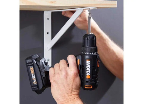 Using 20V Max Three-Eighths Inch Drill Driver With Power Share System on shelf bracket, compact and ergonomic design visible